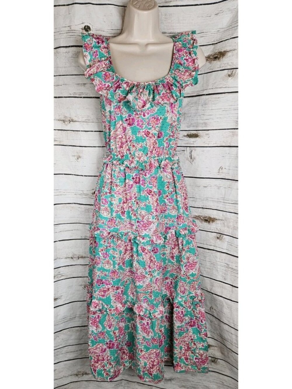 J Crew Ruffle Midi Swiss Dot Floral Dress 12 Cotton Midi Tiered Boho Pink Green